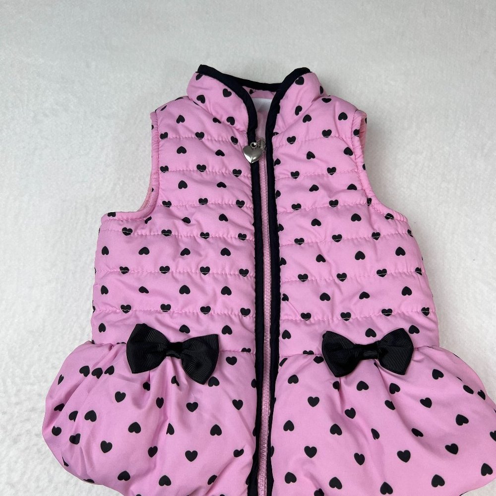 Kids Headquarters Puffer Vest Sz 12M Pink Black Hearts Front Zip Soft Nice Bows